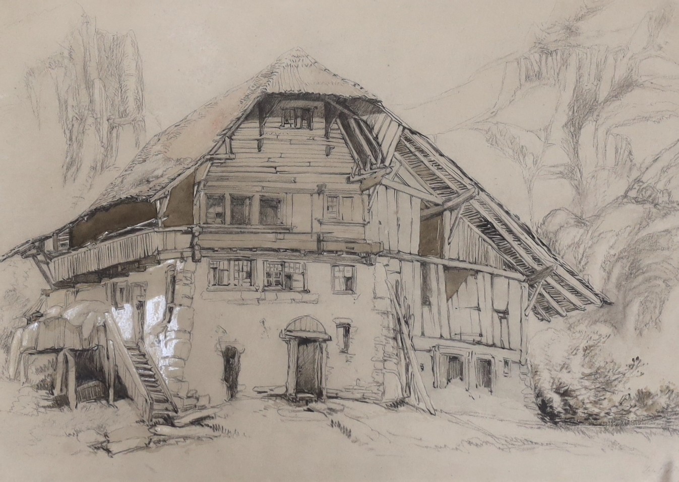James Duffield Harding (1798-1863), pencil, ink and chalk, Study of a Swiss cottage, initialled and dated 1845, gallery label verso, 23 x 33cm